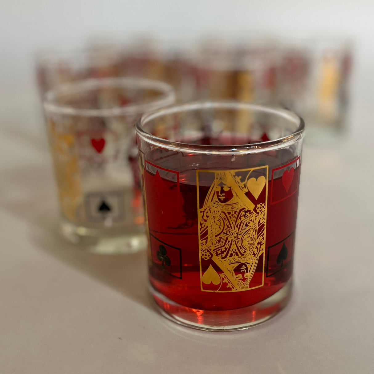Double Old Fashion Card-Themed Vintage Drinks Glasses with Shaker, Set of 9