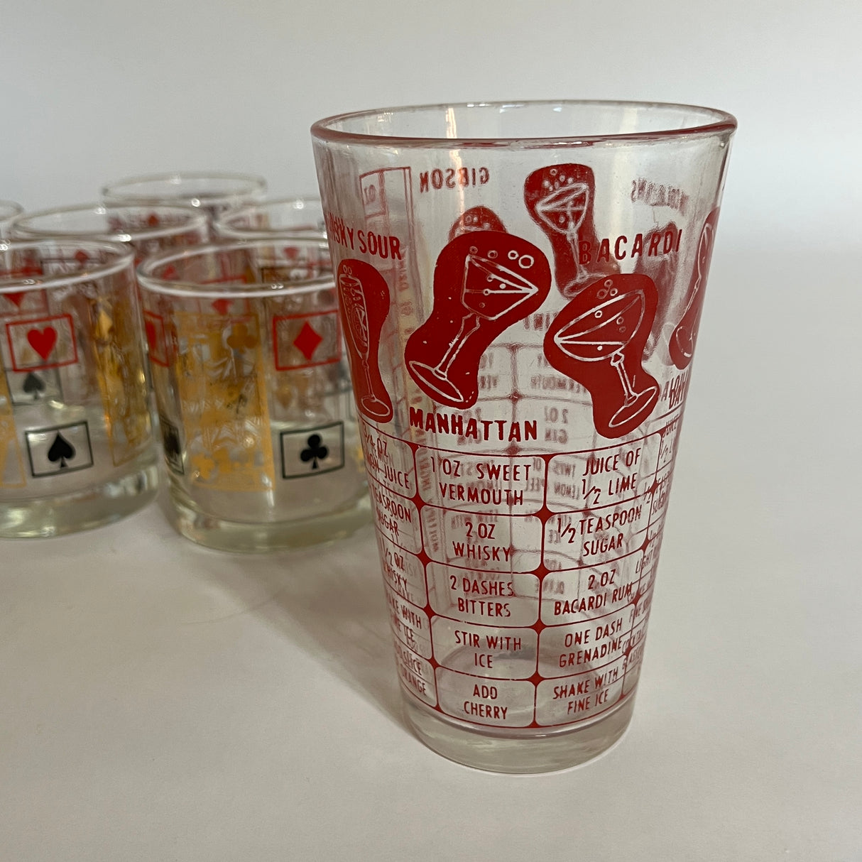 Double Old Fashion Card-Themed Vintage Drinks Glasses with Shaker, Set of 9