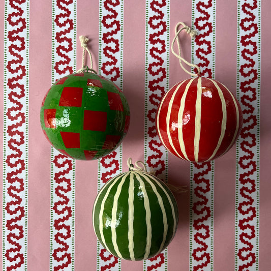 Red-and-Green Papier-Mâché Ornaments, Set of 3