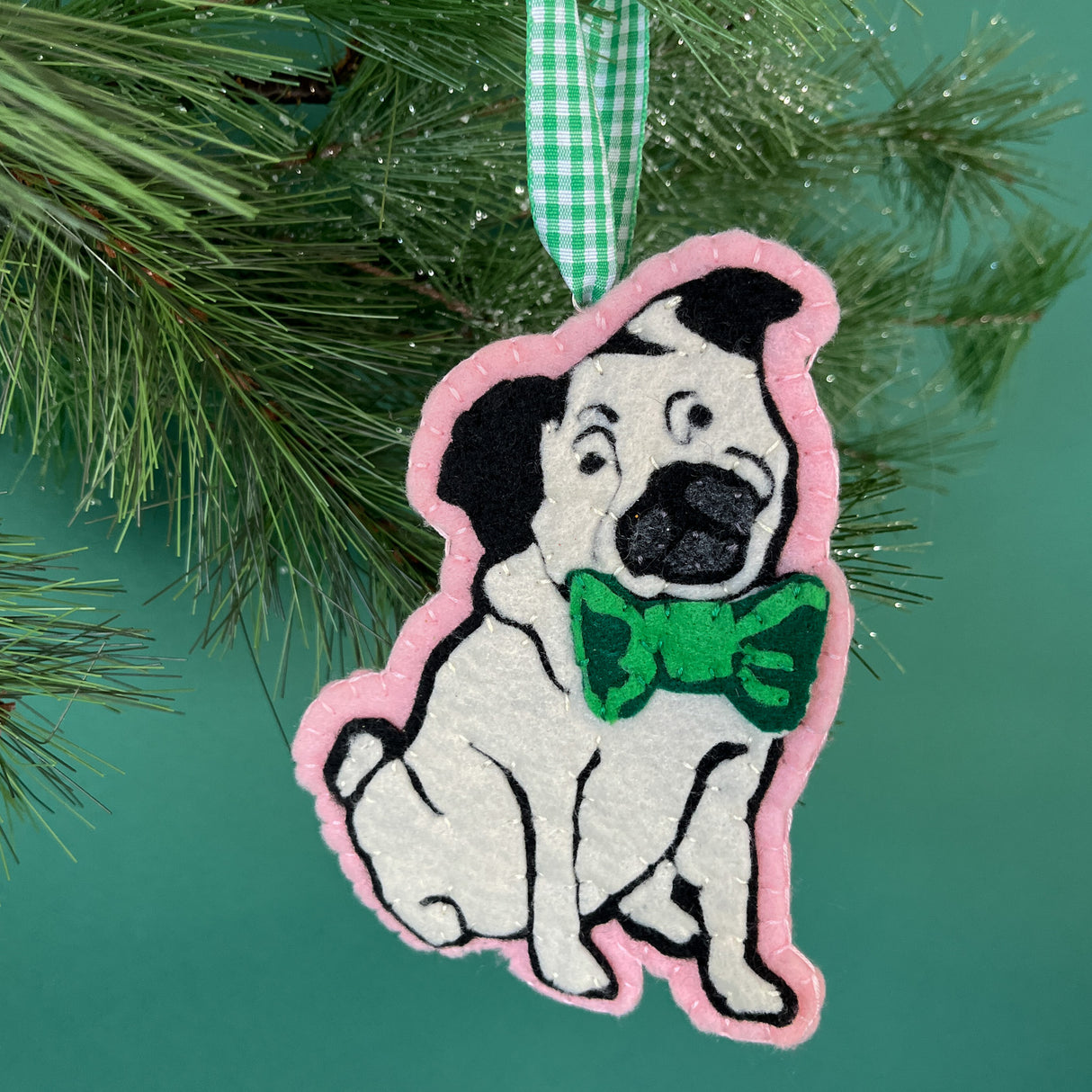 Pug w/Bowtie Pink/Green Felt Christmas Ornament