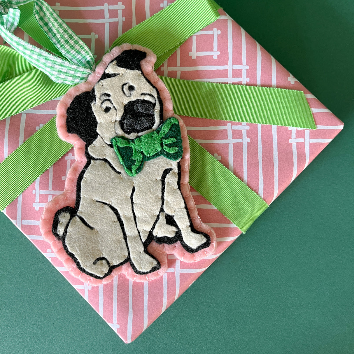 Pug w/Bowtie Pink/Green Felt Christmas Ornament