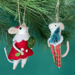 Party Clothes Felt Mice w/Gifts Christmas Ornaments, Set of 2