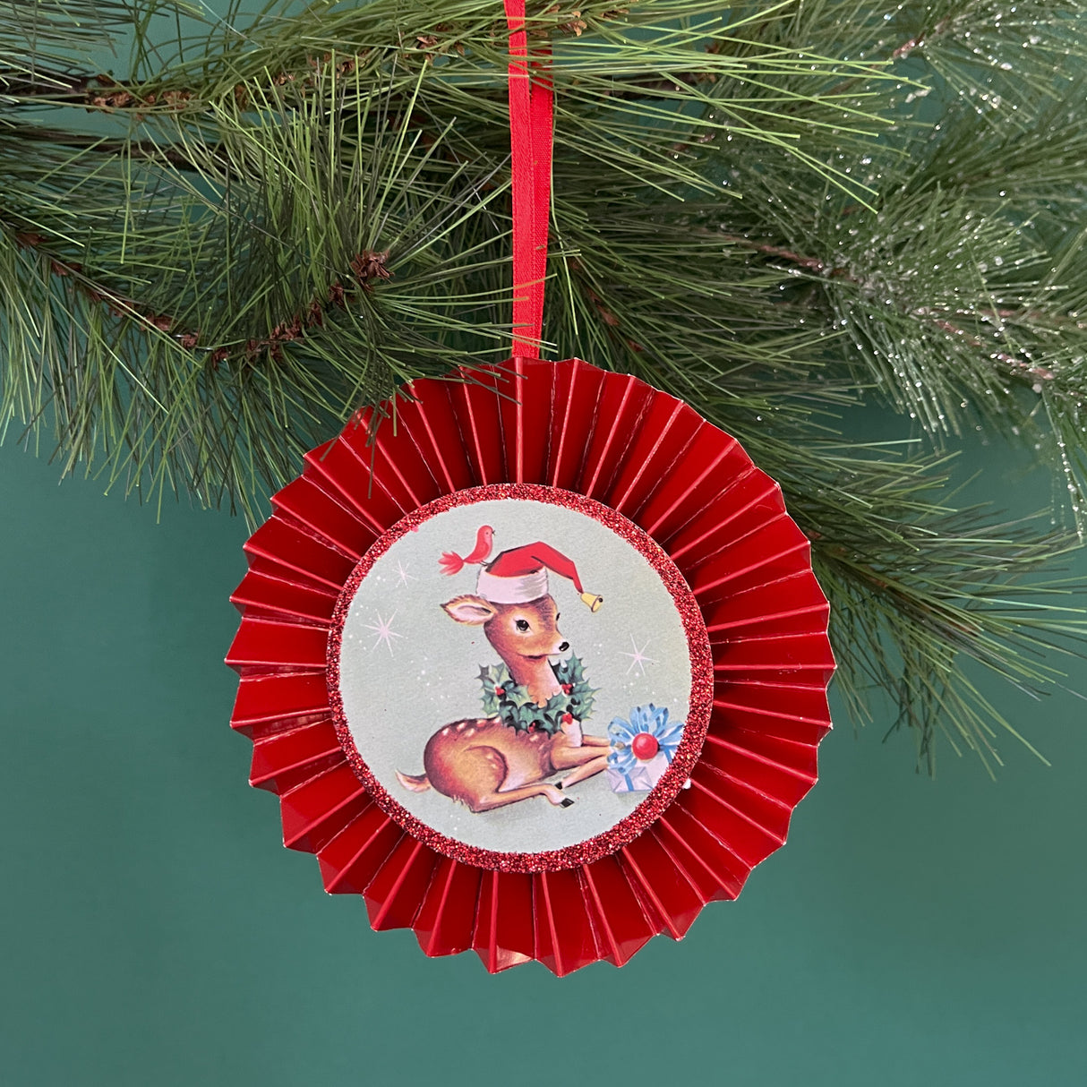 Retro Ruffled Paper/Glitter Reindeer/Santa/Snowman Christmas Ornaments, Set of 3