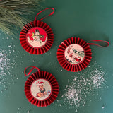 Retro Ruffled Reindeer, Santa and Snowman Christmas Ornaments, Set of 3