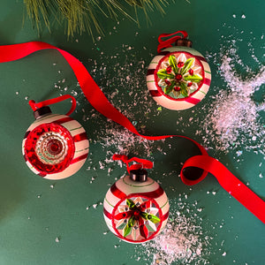 Vintage-Style Glass Round Candy-Stripe Christmas Ornaments, Set of 3