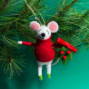 Festive Red/Green Party-Going Felt Mice Christmas Ornaments, Set of 3