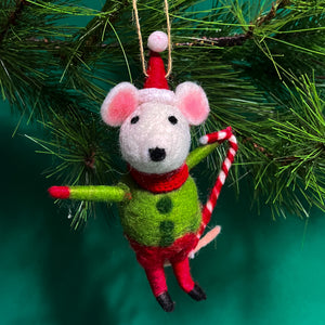 Festive Red/Green Party-Going Felt Mice Christmas Ornaments, Set of 3