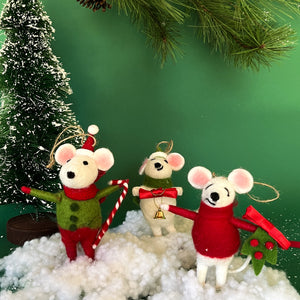 Festive Red/Green Party-Going Felt Mice Christmas Ornaments, Set of 3