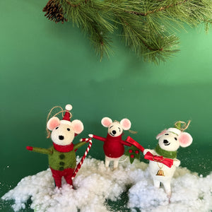 Festive Red/Green Party-Going Felt Mice Christmas Ornaments, Set of 3