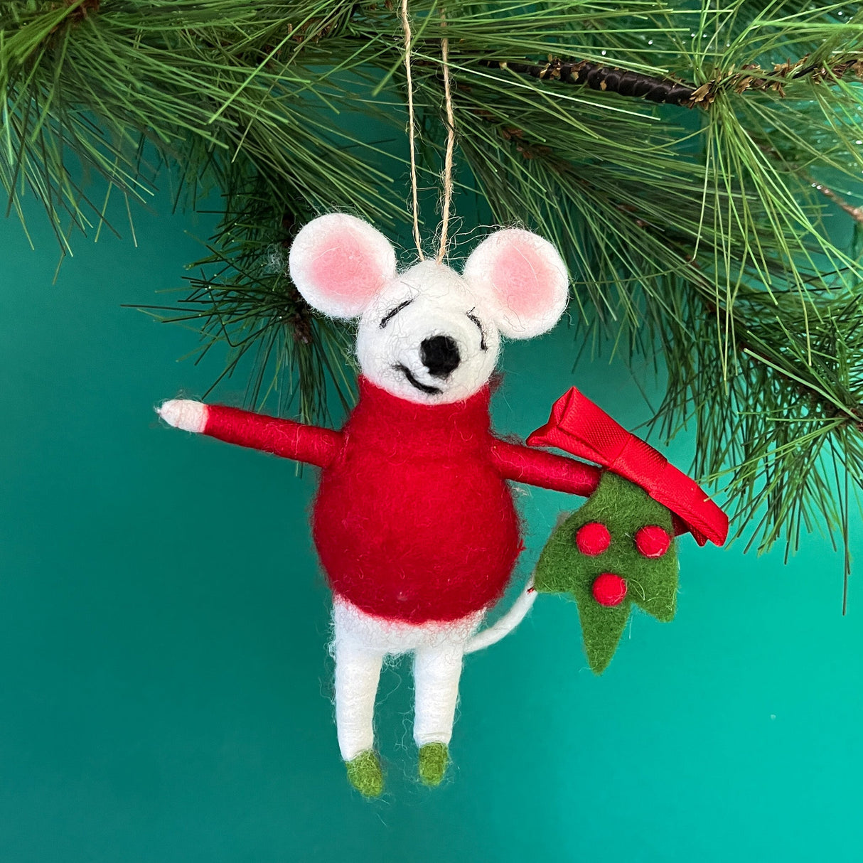 Festive Red/Green Party-Going Felt Mice Christmas Ornaments, Set of 3