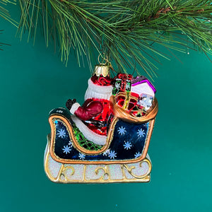 Jolly Sleigh Glass Santa Christmas Ornament