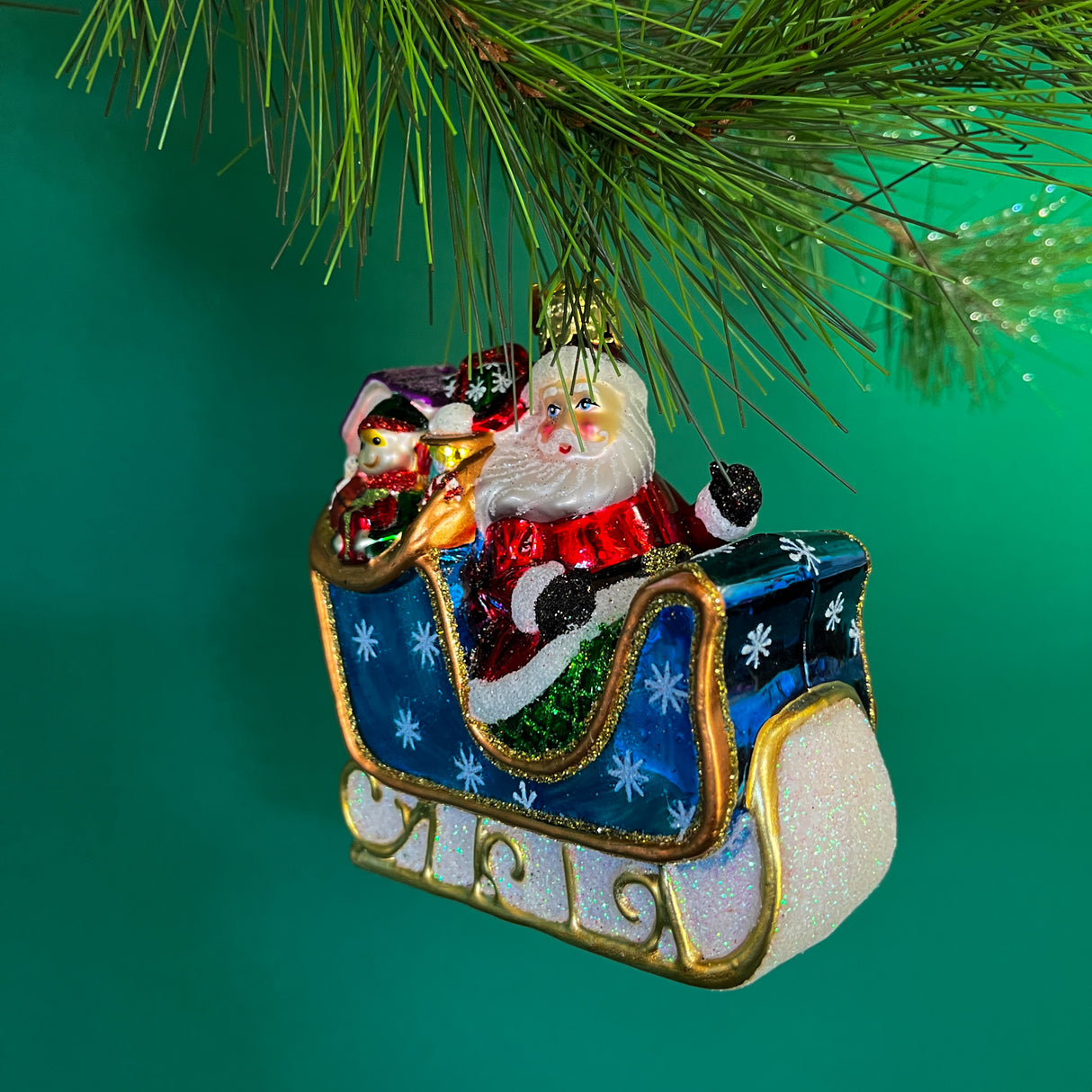 Jolly Sleigh Glass Santa Christmas Ornament