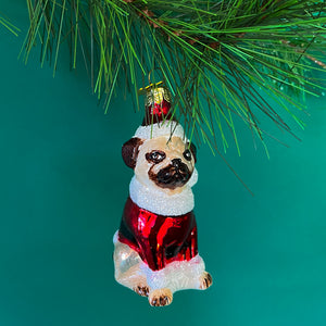 Glass Glitter Santa Pug Christmas Ornament