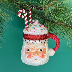 Glass Santa Mug w/Glitter Candy Cane Christmas Ornament