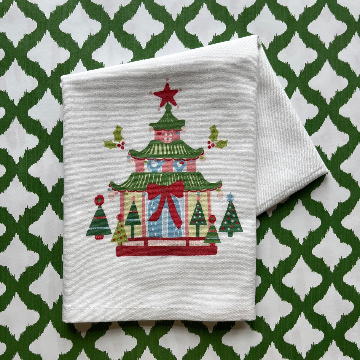 Festive Pagoda Christmas Tea Towel/Dish Towel/Guest Towel