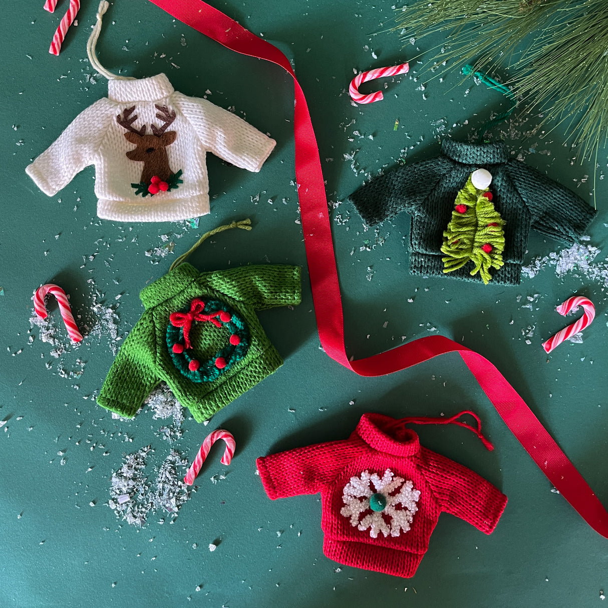 Holiday Mini Knitted Christmas Sweater Ornaments - Set of 4