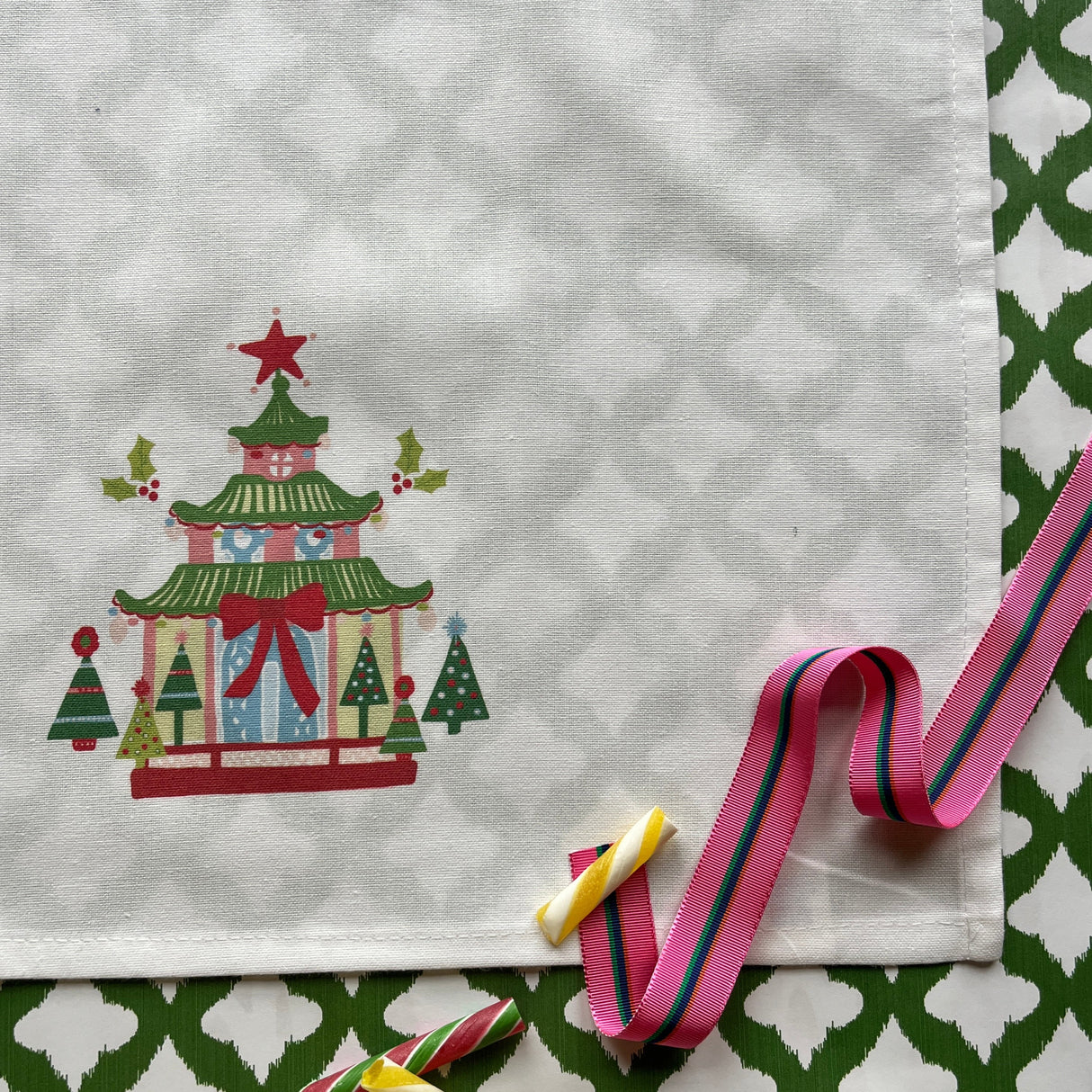 Festive Pagoda Christmas Tea Towel/Dish Towel/Guest Towel