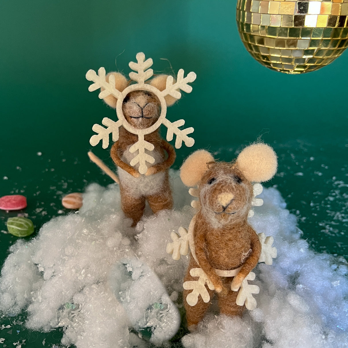 Snowflake Christmas Felt Mice Ornaments - Set of 2