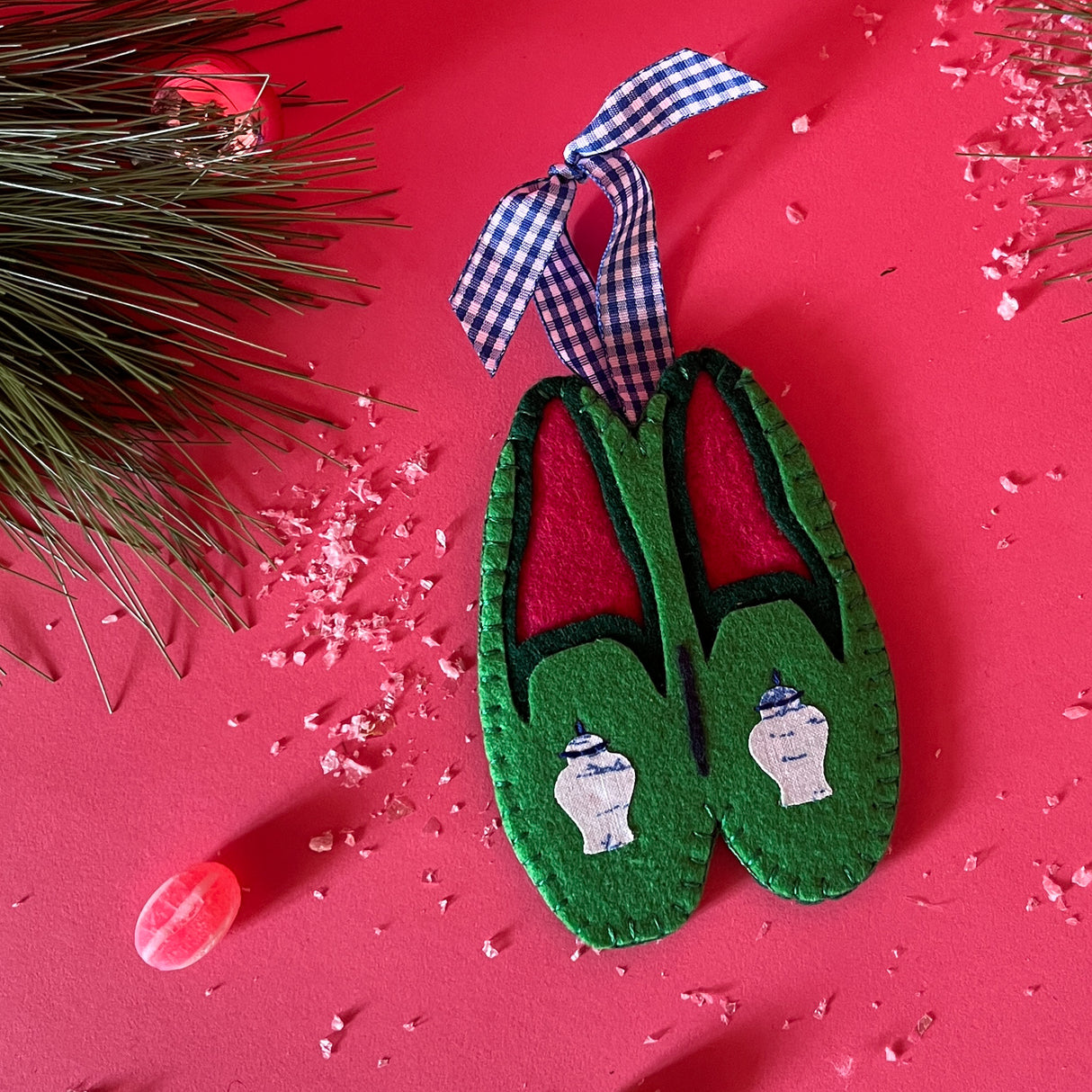 Stubbs & Wootton-Style Felt Chinoiserie Slippers Christmas Ornaments