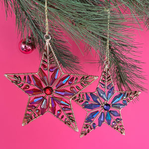 Gilt Metal and Crystal Stars Christmas Ornaments - Set of 2