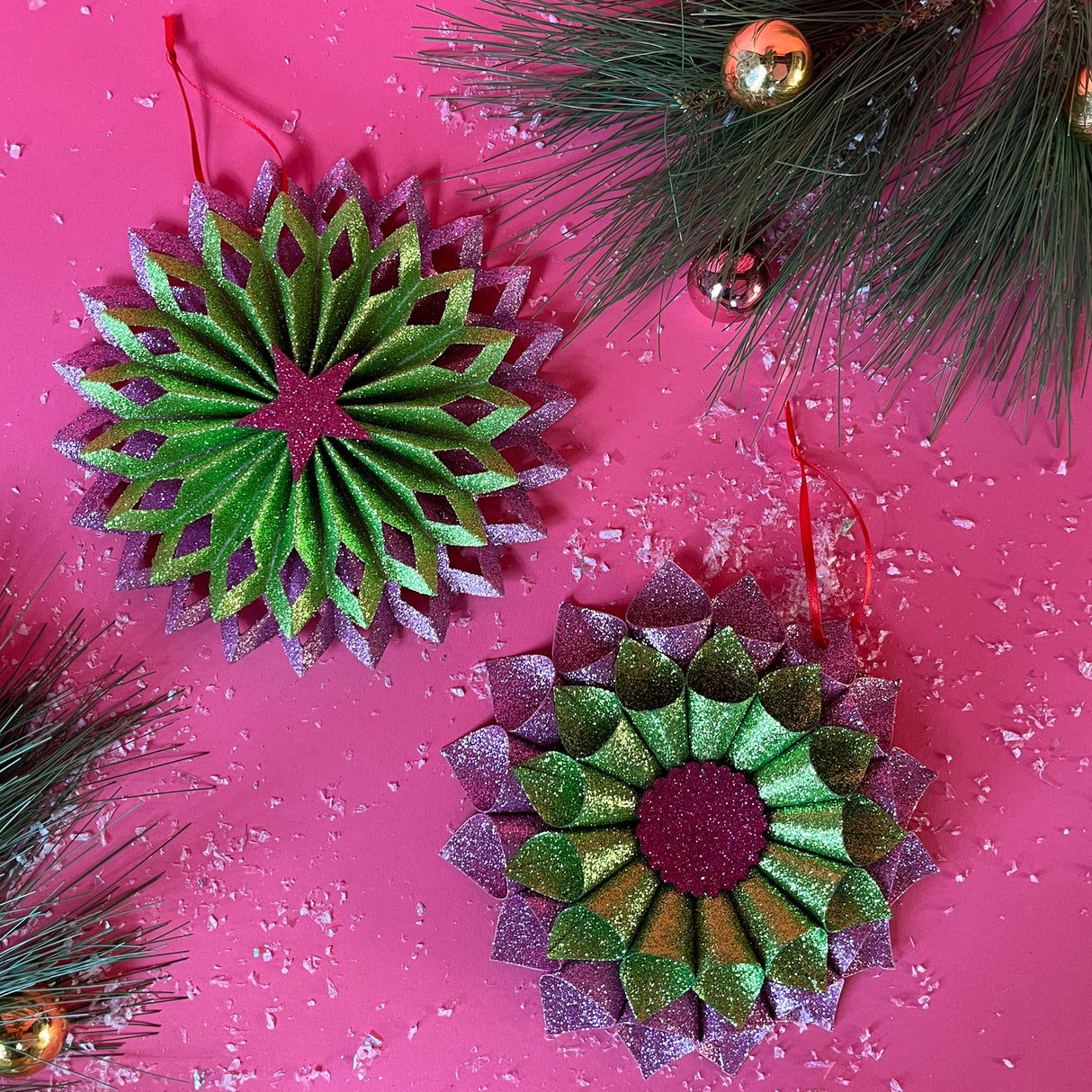 Purple/Green Ruffled Paper Glitter Christmas Ornaments, Set of 2