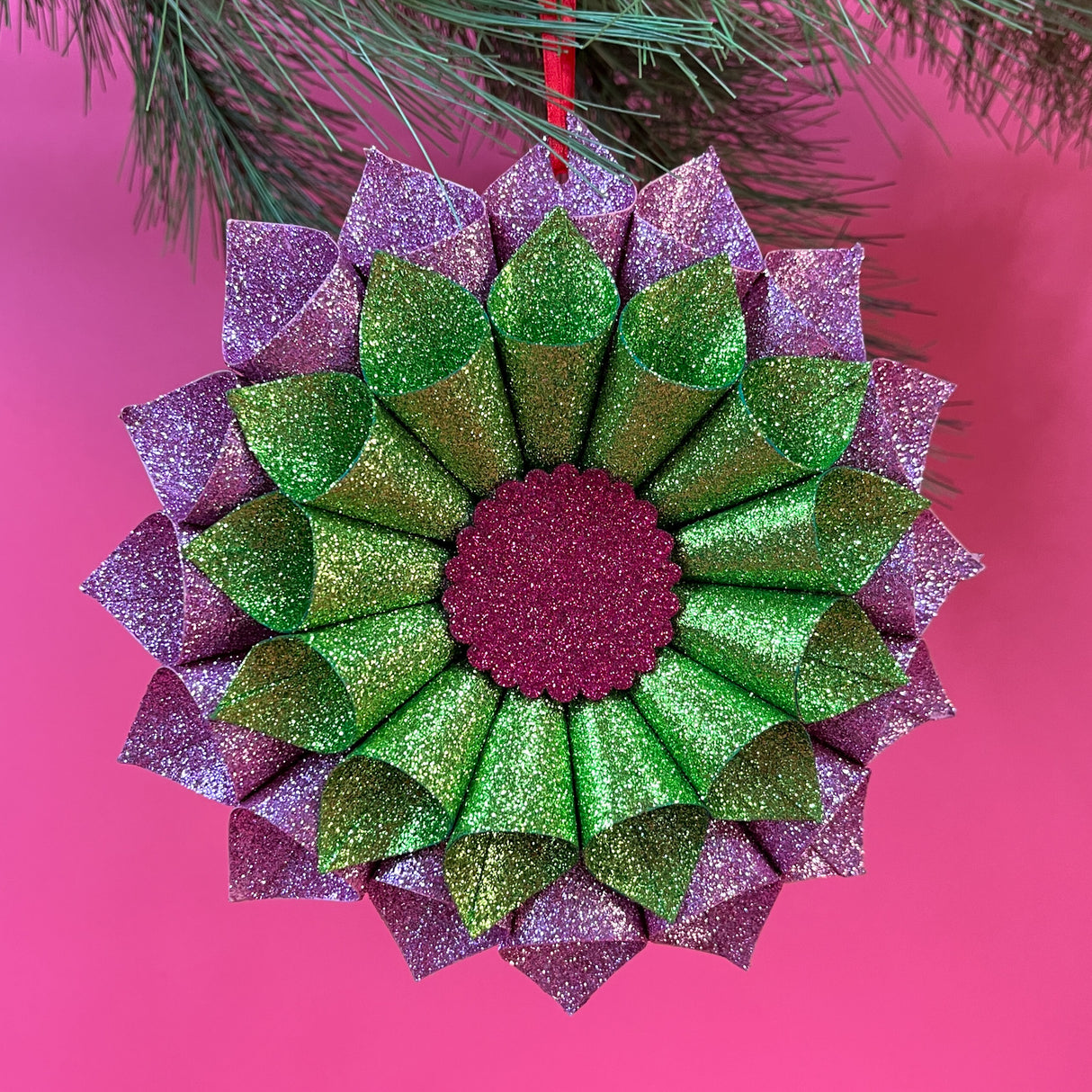 Purple/Green Ruffled Paper Glitter Christmas Ornaments, Set of 2