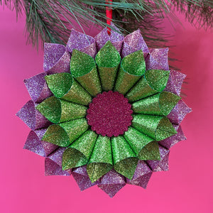 Purple/Green Ruffled Paper Glitter Christmas Ornaments, Set of 2