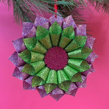 Purple/Green Ruffled Paper Glitter Christmas Ornaments, Set of 2