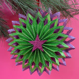 Ruffled Paper Purple and Green Glitter Christmas Ornaments, Set of 2