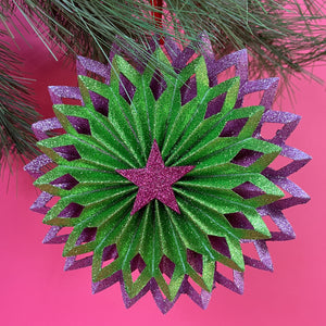 Purple/Green Ruffled Paper Glitter Christmas Ornaments, Set of 2