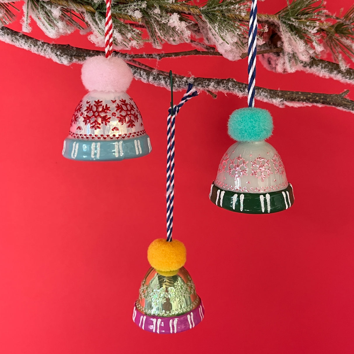 Mini Glass Snowflake Hats w/Pom Poms Christmas Ornaments, Set of 3