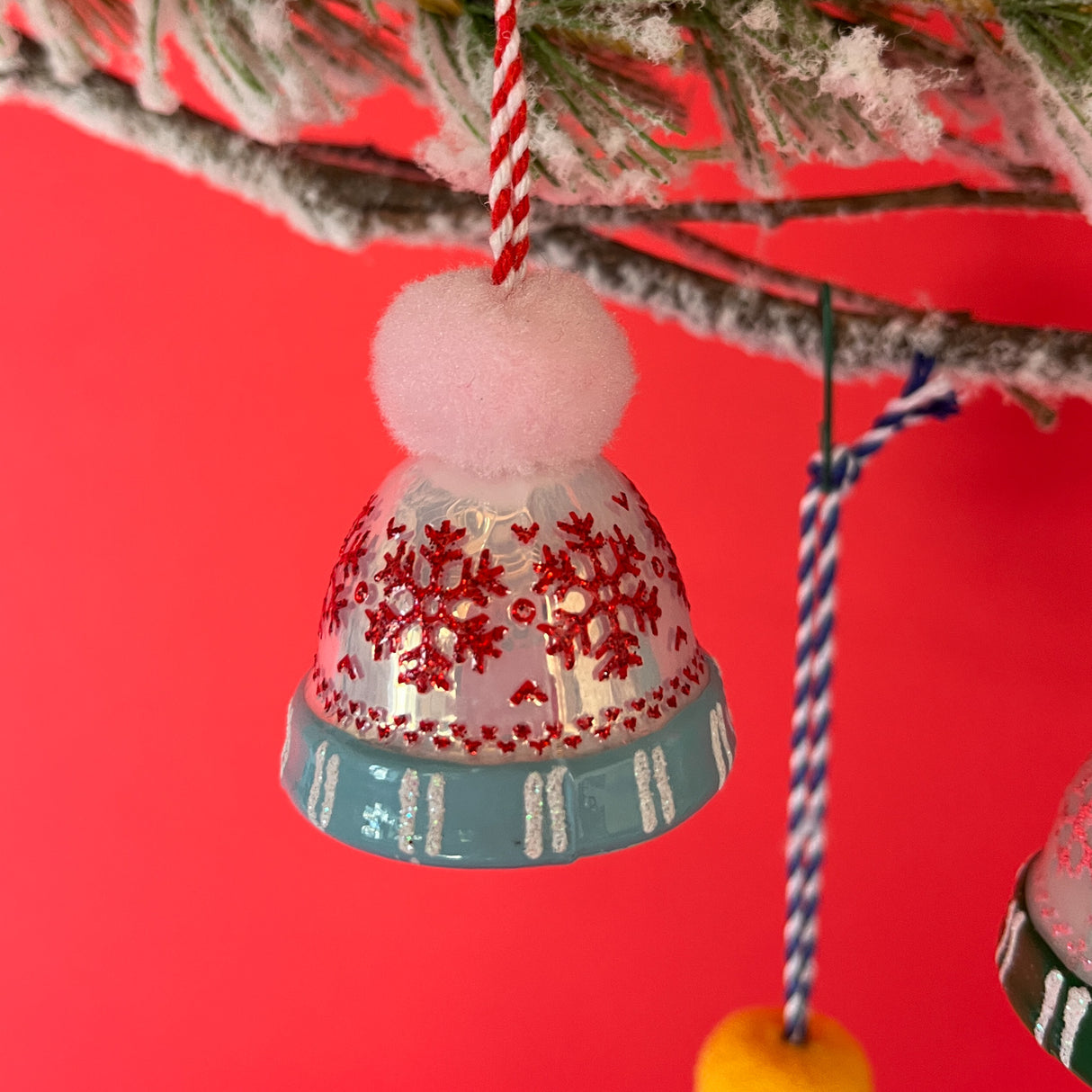 Mini Glass Snowflake Hats w/Pom Poms Christmas Ornaments, Set of 3