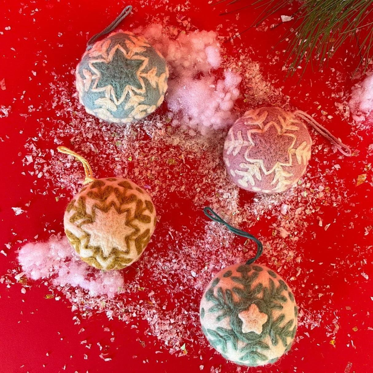 Round Pastel Felt Christmas Snowflake Ornaments - Set of 4