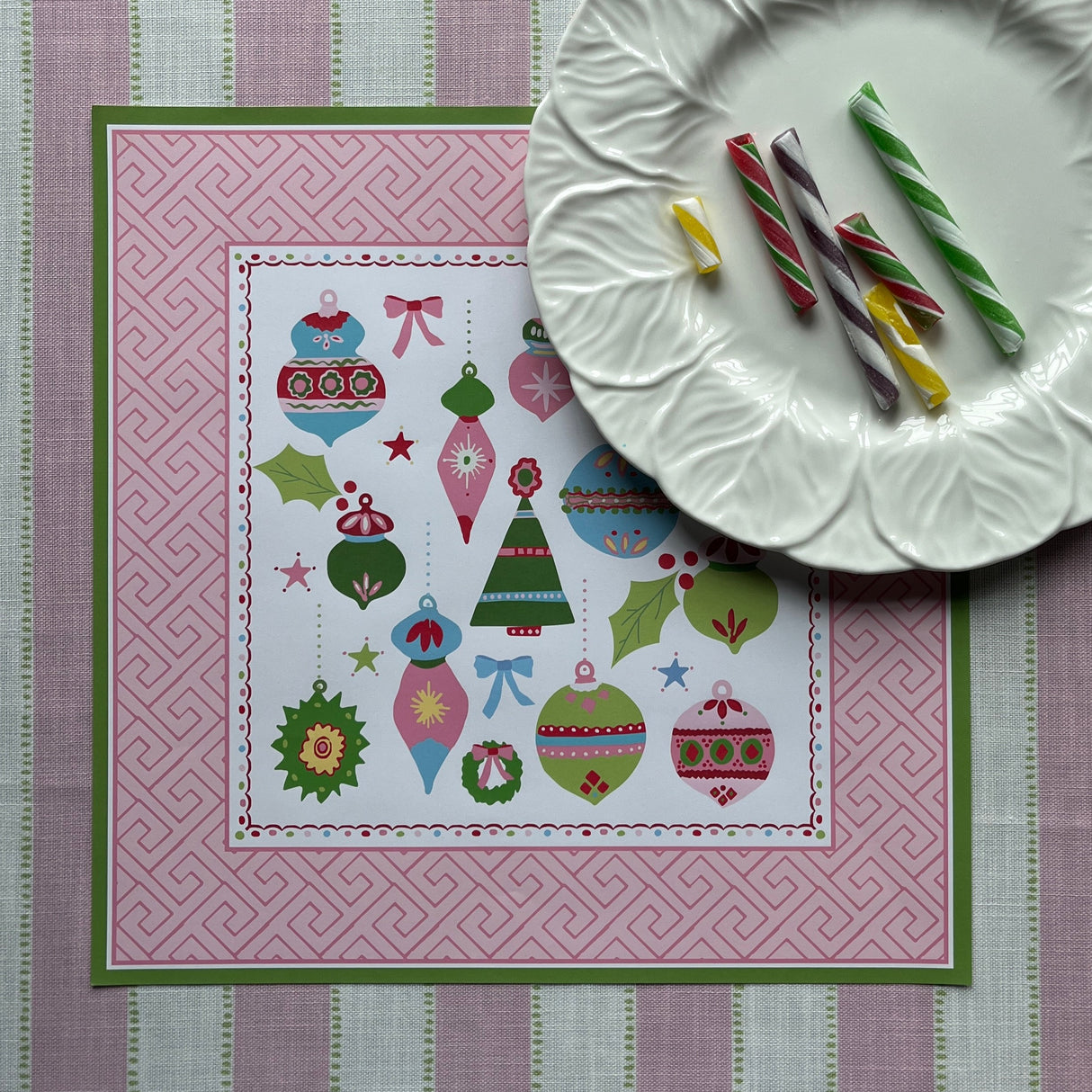 Darling Ornaments Square Paper Christmas Placemats, Pad of 20