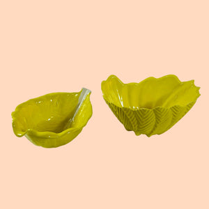 Vintage Portuguese Yellow Ceramic Leaf Bowls, Set of 2