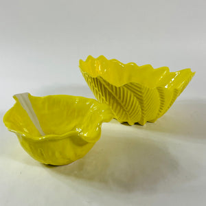 Vintage Portuguese Yellow Ceramic Leaf Bowls, Set of 2