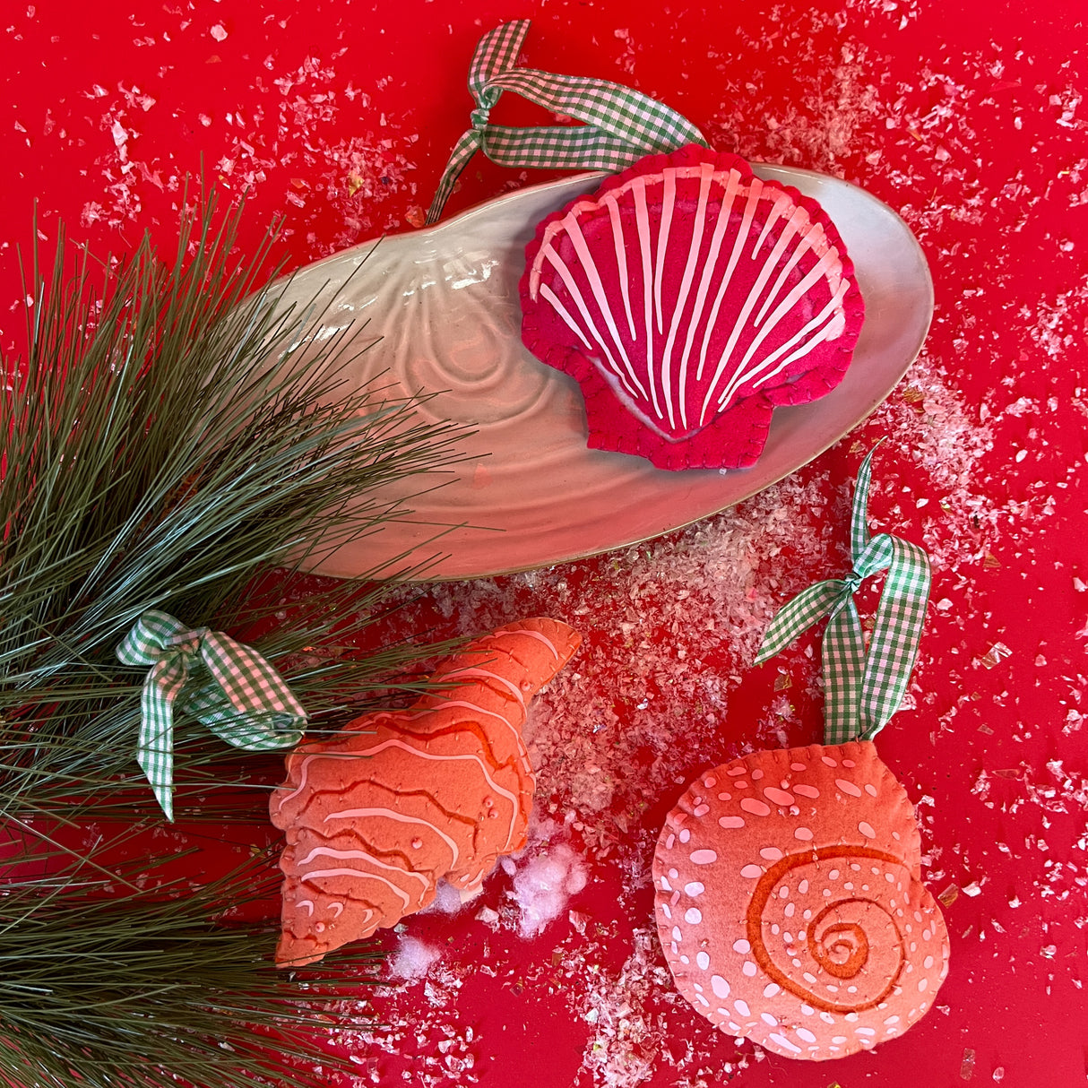 Pink/White Felt Handcrafted Shell Christmas Ornaments, Set of 3