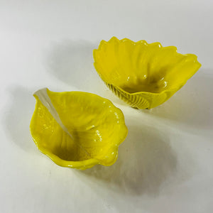 Vintage Portuguese Yellow Ceramic Leaf Bowls, Set of 2