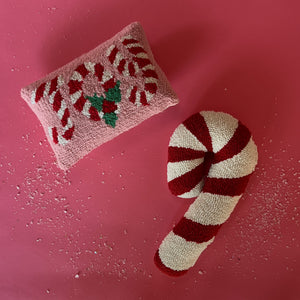 Christmas Hooked-Wool Joy Candy Cane Pillow