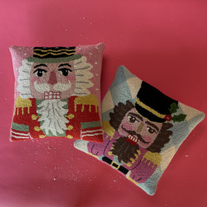 Hooked-Wool Blue Gingham Nutcracker Christmas Throw Pillow