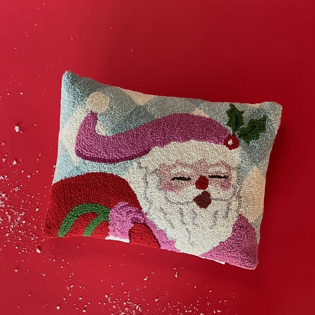 Jolly Holly Santa Hooked-Wool Christmas Throw Pillow