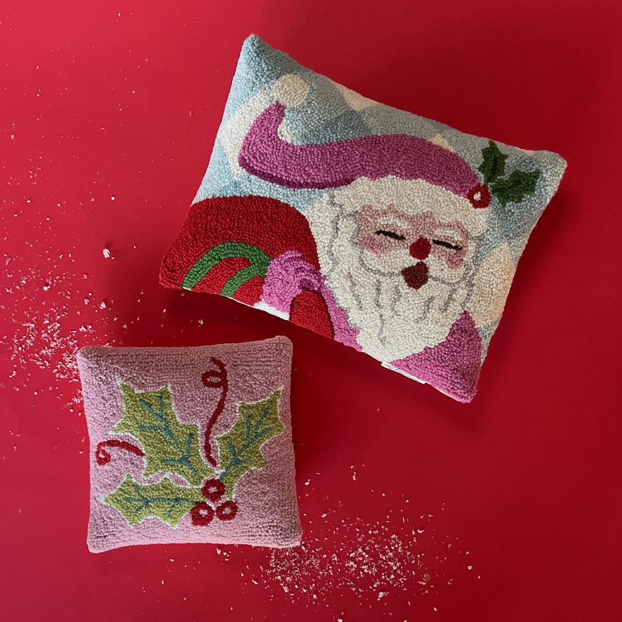 Jolly Holly Santa Hooked-Wool Christmas Throw Pillow