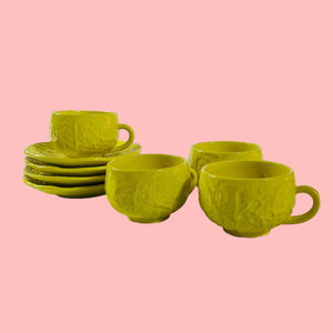 Portuguese Yellow Cabbage Cups and Saucers, Set of 4