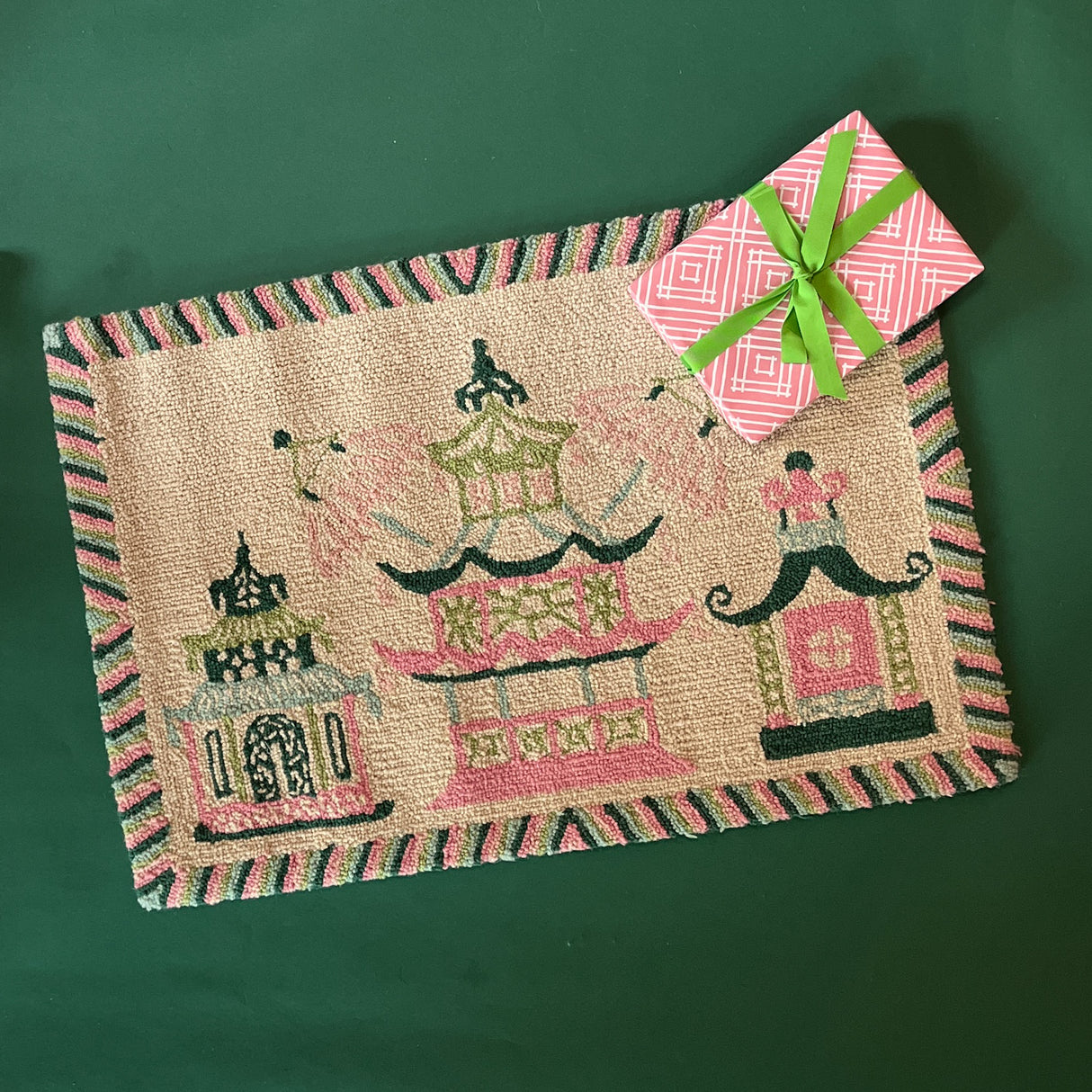 Oh, Pagoda Pink and Green Hooked Wool Rectangular Rug