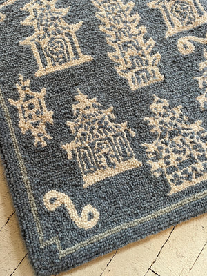 Pagodas, Pagodas! Blue Hooked Wool Rectangular Rug