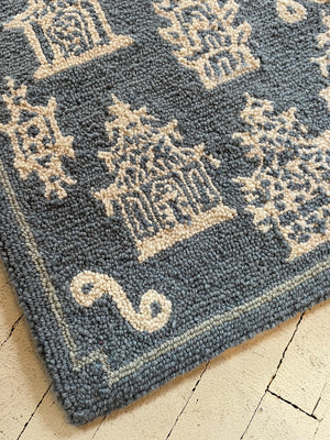 Pagodas, Pagodas! Blue Hooked Wool Rectangular Rug