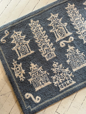 Pagodas, Pagodas! Blue Hooked Wool Rectangular Rug