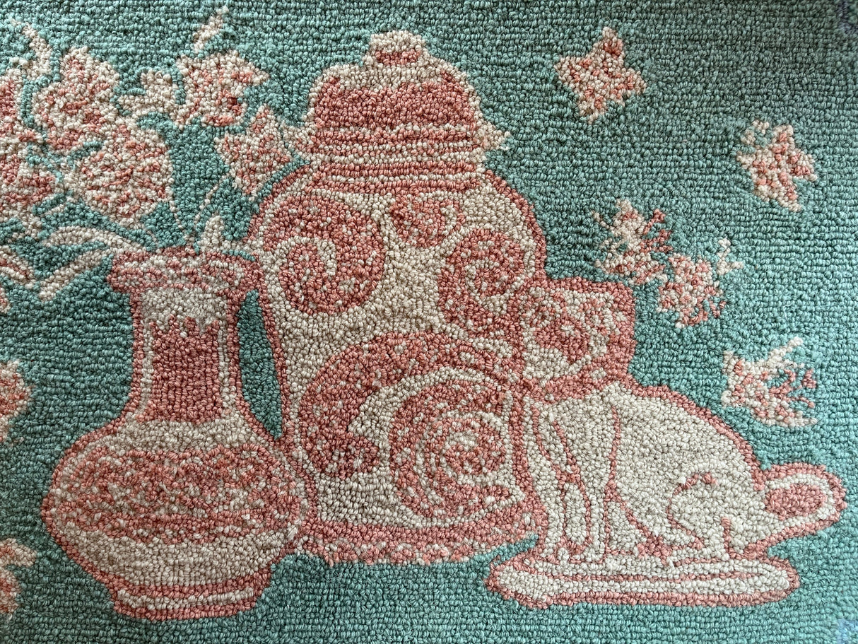 Fabulous Foo Dog Coral and Turquoise Hooked Wool Rug