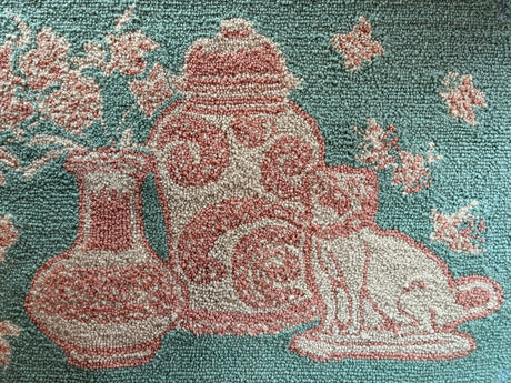 Coral-and-Turquoise Fabulous Foo Dog Hooked Wool Rug