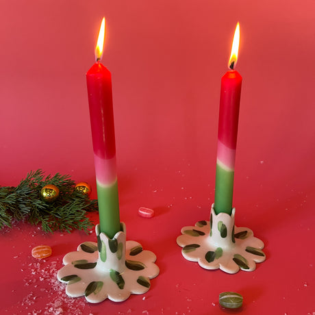 Club House Green Handmade Ceramic Scalloped Christmas Candleholders, Set of 2